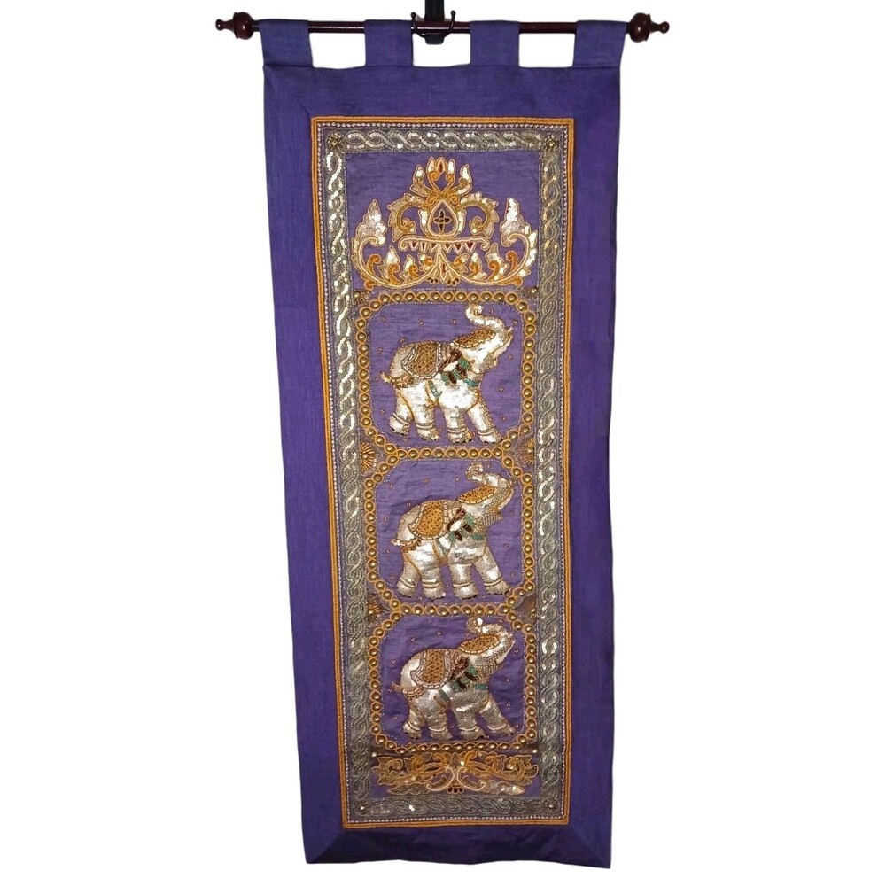 Vtg Elephant Wall Hanging Thai Burmese Kalaga Tapestry Embroidered Beaded Sequin